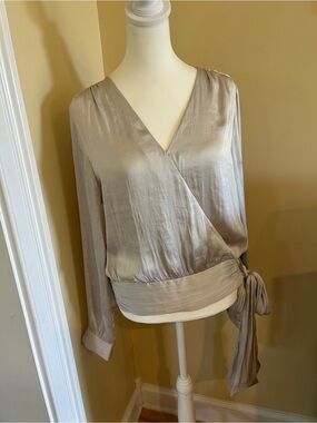 Banana Republic Satin Wrap Blouse Taupe Long Sleeve Tie Waist Surplice Top
